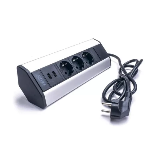 TOO VPS-315-3S IP20, 3x 2P+F, 2x USB-A, strieborná stolová predlžovačka