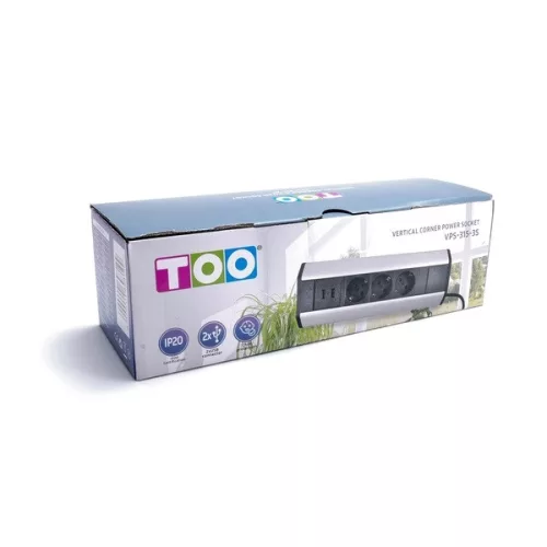 TOO VPS-315-3S IP20, 3x 2P+F, 2x USB-A, strieborná stolová predlžovačka