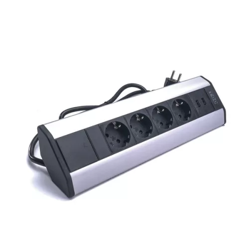 TOO VPS-317-4S IP20, 4x 2P+F, 2x USB-A, strieborná predlžovacia linka na stôl