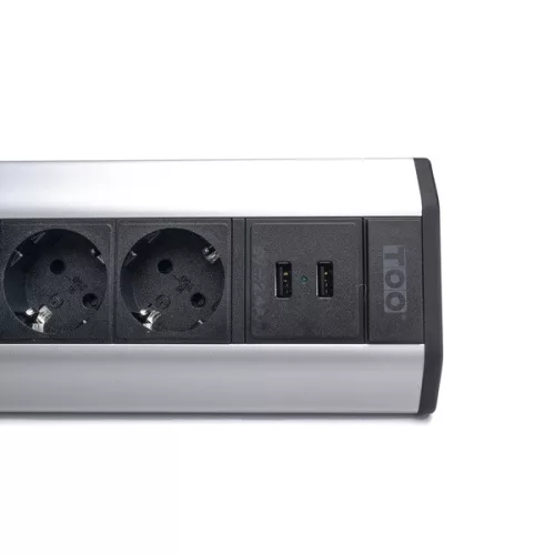 TOO VPS-317-4S IP20, 4x 2P+F, 2x USB-A, strieborná predlžovacia linka na stôl
