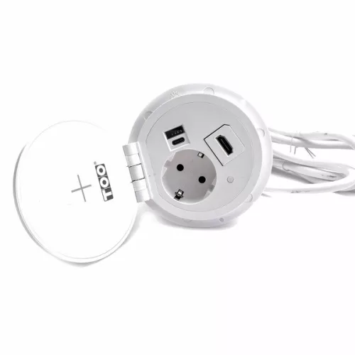 TOO GPS-102-1W IP20, 1x 2P+F, USB-A, Type-C, QI nabíjanie, HDMI, biely stolový zapustený napájací kábel