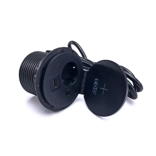 TOO GPS-103-1B IP20, 1x 2P+F, USB-A, Type-C, Qi nabíjanie, HDMI, čierny stolový zapustený napájací kábel