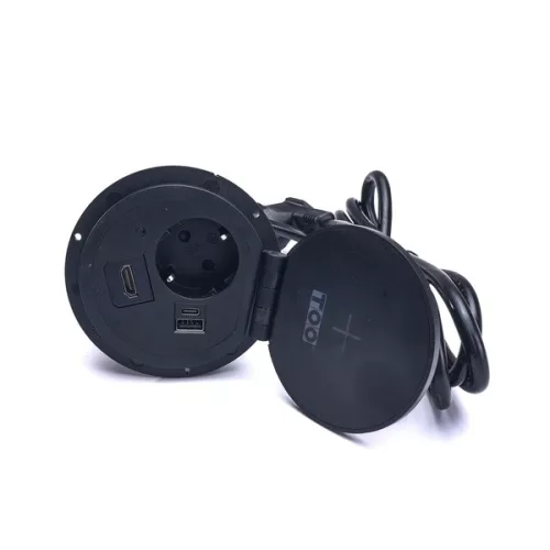 TOO GPS-103-1B IP20, 1x 2P+F, USB-A, Type-C, Qi nabíjanie, HDMI, čierny stolový zapustený napájací kábel