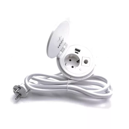 TOO GPS-104-1W IP20, 1x 2P+F, USB-A, Type-C, Qi nabíjanie, kábel súčasťou balenia, biely zapustený stolový napájací kábel