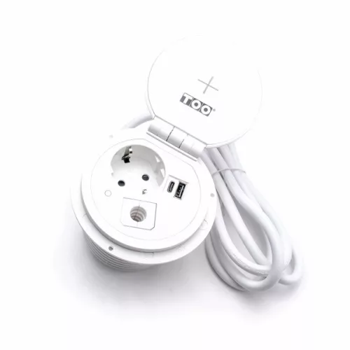 TOO GPS-104-1W IP20, 1x 2P+F, USB-A, Type-C, Qi nabíjanie, kábel súčasťou balenia, biely zapustený stolový napájací kábel