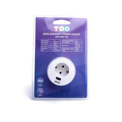 TOO GPS-200-1W IP20, 1x 2P+F, USB-A, biela stolová zapustená rozvodná skrinka