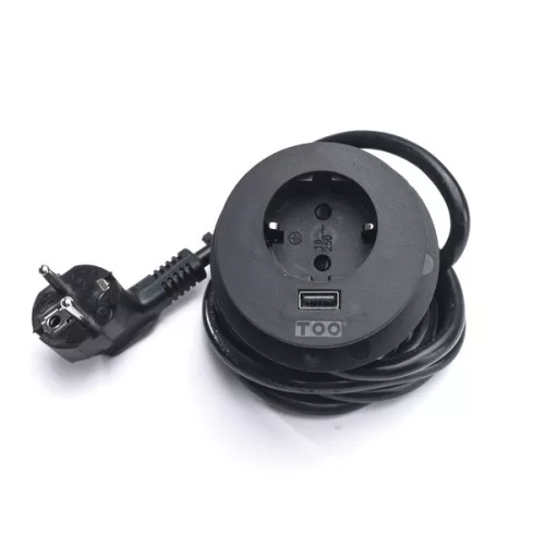 TOO GPS-201-1B IP20, 1x 2P+F, USB-A, čierny stolový zapustený napájací kábel