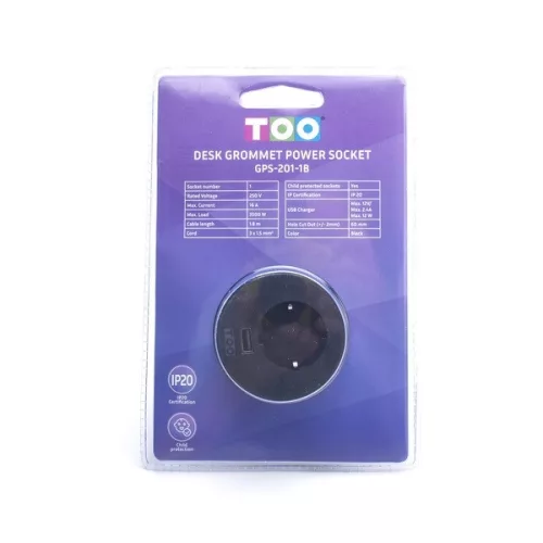 TOO GPS-201-1B IP20, 1x 2P+F, USB-A, čierny stolový zapustený napájací kábel