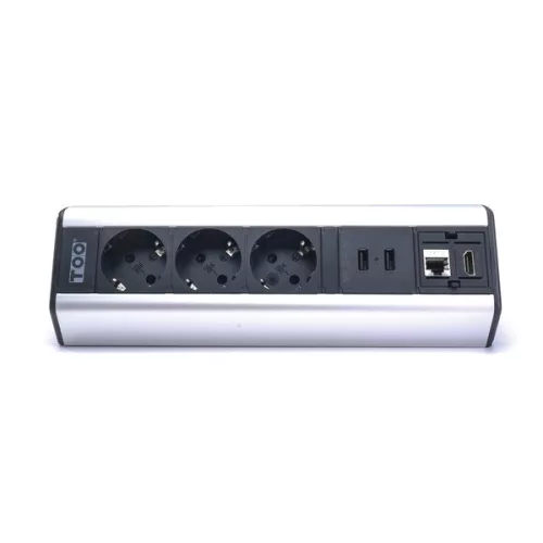 TOO DPS-114-3S IP20, 3x 2P+F, 2x USB-A, RJ45, HDMI, strieborná, stolová rozvodná skrinka