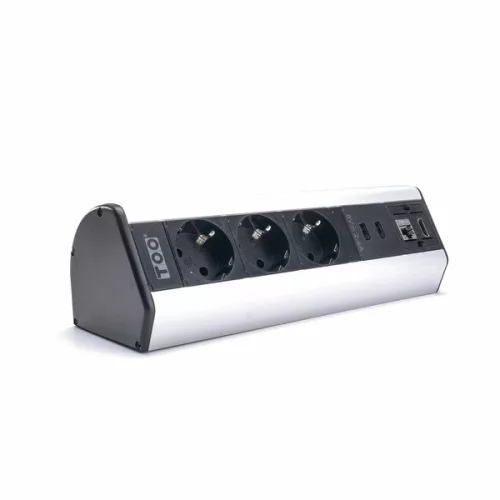 TOO DPS-114-3S IP20, 3x 2P+F, 2x USB-A, RJ45, HDMI, strieborná, stolová rozvodná skrinka