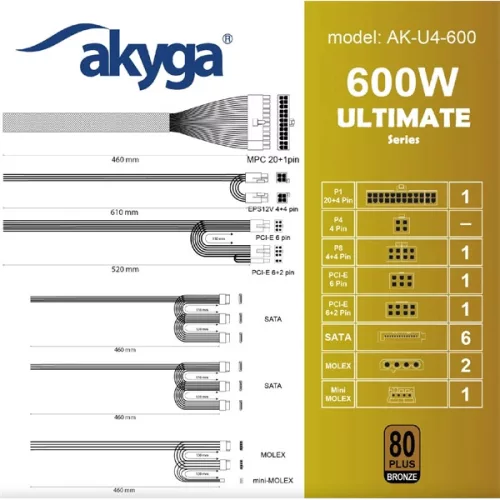 Zdroj Akyga Ak-U4-600 600W 80+ Bronze ATX