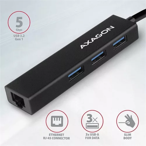 Axagon HMA-GL3A 3-portový USB 3.2. Gen 2 čierny HUB s gigabitovým LAN portom