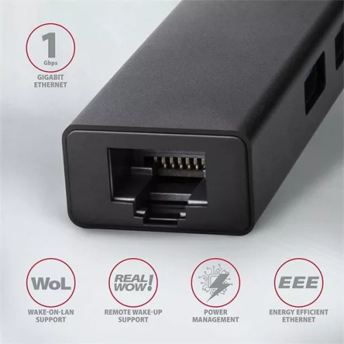 Axagon HMA-GL3A 3-portový USB 3.2. Gen 2 čierny HUB s gigabitovým LAN portom