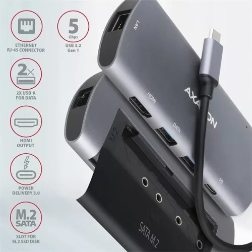 Axagon HMC-6M2 SUPERSPEED USB-C COMBO ezüst-fekete  6in1 hub