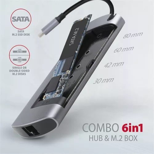 Axagon HMC-6M2 SUPERSPEED USB-C COMBO strieborno-čierny 6v1 HUB