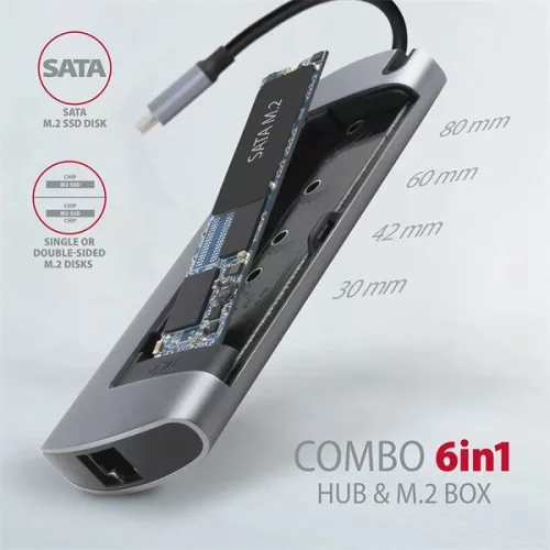 Axagon HMC-6M2 SUPERSPEED USB-C COMBO ezüst-fekete  6in1 hub