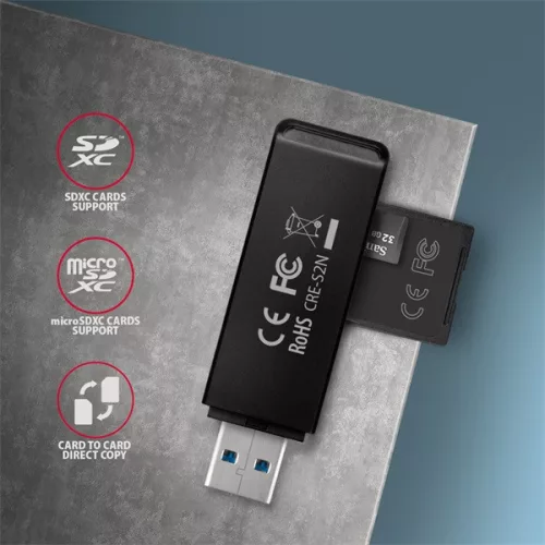 Axagon CRE-S2N Superspeed USB 3.2 Gen 1 Typ-A, schlanker SD/microSD-Kartenleser
