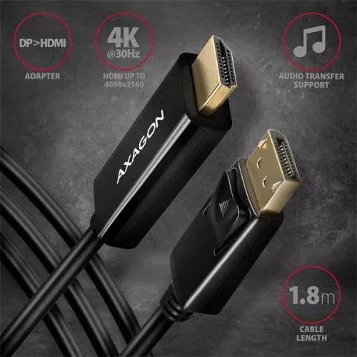 Axagon RVD-HI14C2 DisplayPort - HDMI 1.4 kábel, 1,8 m