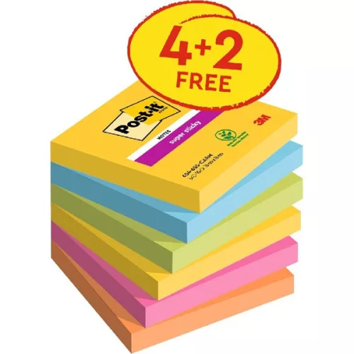Post-it Super Sticky Carnival 76x76mm 90 Blatt 4+2 Chemikalien-Notizblöcke 100% PEFC, SGSCH-PEFC-COC-110078