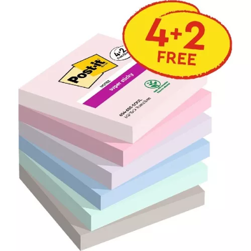 Post-it® Super Sticky Soulful Notizblöcke, 76 x 76 mm, 90 Blatt, 4+2 Stück gemischt, 100 % PEFC-zertifiziert, SGSCH-PEFC-COC-110078