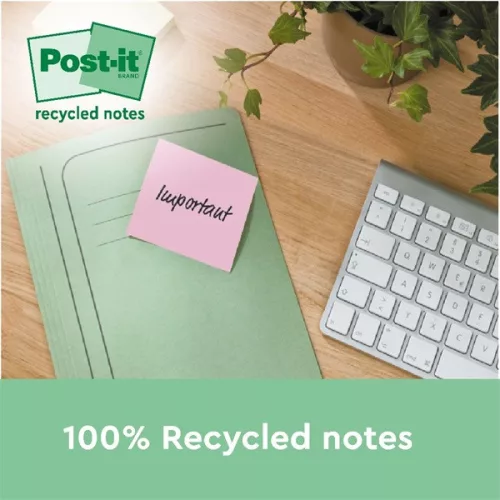 Post-it® Notizblöcke, 76 x 76 mm, recycelt, 100 Blatt, 6 Stück, gemischt, 100 % PEFC, SGSCH-PEFC-COC-110078