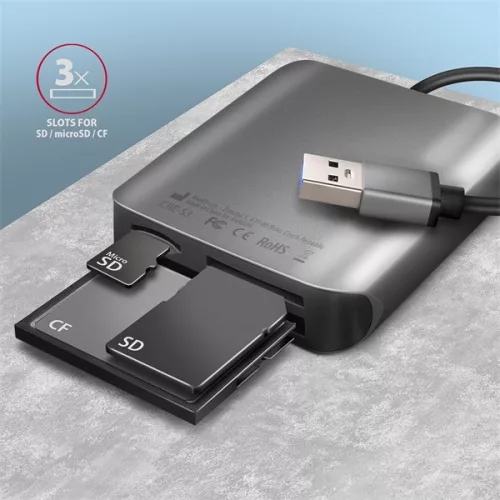 Externá čítačka kariet Axagon CRE-S3 s rozhraním USB-A 3.2 SD/microSD/CF