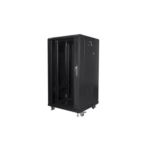 Lanberg FF01-6622-12B 19" 22U SZÉL:600mm MÉLY:600mm MAG:1159mm lapraszerelt üvegajtós fekete rack szekrény