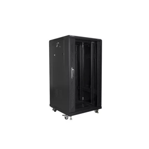 Lanberg FF01-6622-12B 19" 22U SZÉL:600mm MÉLY:600mm MAG:1159mm lapraszerelt üvegajtós fekete rack szekrény