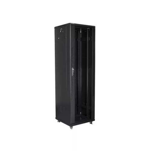 Lanberg FF01-6642-12B 19" 42U SZÉL:600mm MÉLY:600mm MAG:2047mm lapraszerelt üvegajtós fekete rack szekrény