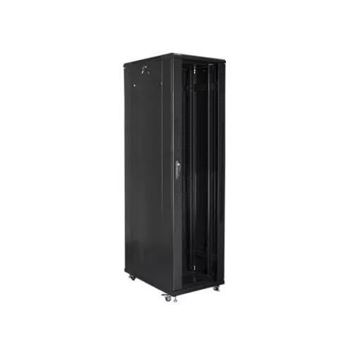 Lanberg FF01-8047-12B 19" 47U SZÉL:800mm MÉLY:1000mm MAG:2270mm lapraszerelt üvegajtós fekete rack szekrény