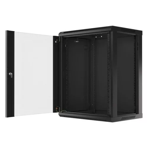 Lanberg WF01-6415-10B 19" 15U SZÉL:600mm MÉLY:450mm MAG:774mm lapraszerelt üvegajtós fekete fali rack szekrény
