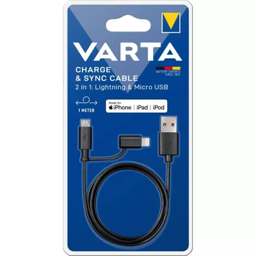 Dátový a nabíjací kábel Varta 57943101401 1m 2v1 USB - microUSB/Lightning čierny