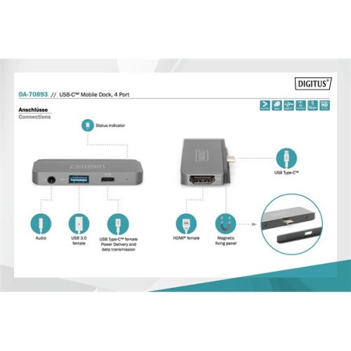 DIGITUS DA-70893 USB-C 4 portos univerzális mobil dokkoló