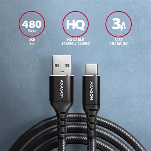 Axagon BUCM-AM20AB 2m Type C - USB fekete adat- és töltőkábel