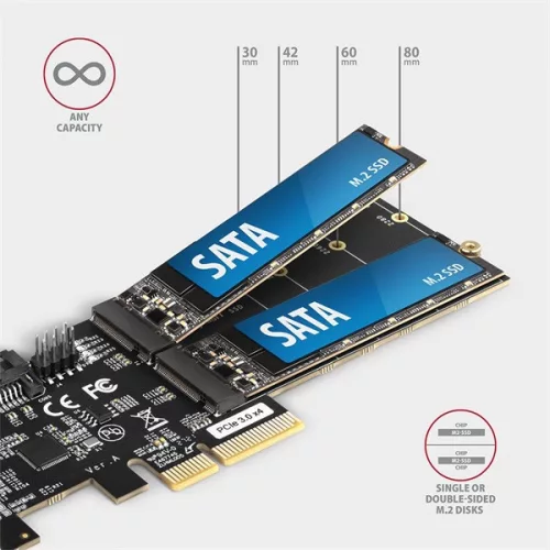 Axagon PCES-SA4M2 2 ks interných portov SATAIII + 2 ks slotov SATA M.2 PCI-Express karta