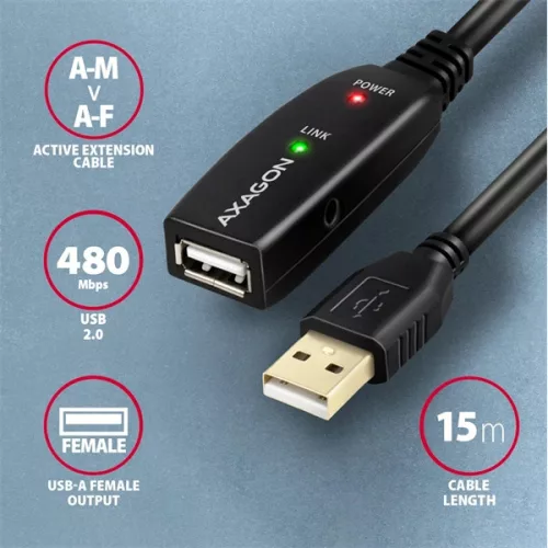 Axagon ADR-215 15m aktívny opakovací kábel USB 2.0 A samec - samica