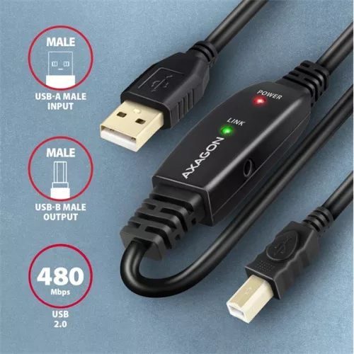 Axagon ADR-215B 15m aktívny opakovací kábel USB 2.0 A samec - USB B samec