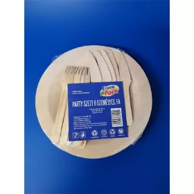   14699 6 személyes lapostányér kés villa  natúr fa party szett