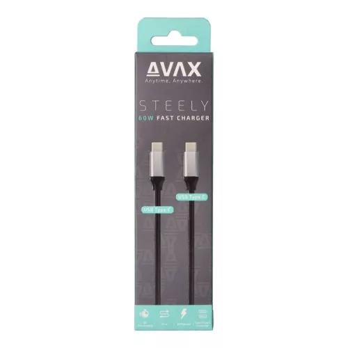 Dátový a nabíjací kábel AVAX CB302G STEELY 1,5 m 60 W Type-C pre rýchle nabíjanie, oceľovosivý
