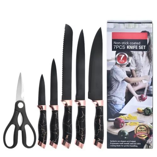 Set de cuțite de bucătărie Iris KT-015-BK negru, format din 7 piese, cu suport din marmură