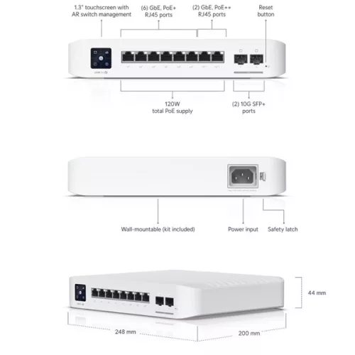 Ubiquiti USW-Pro-8-PoE 8-portni GbE LAN 6xPoE/PoE+ 2x PoE++ 2xSFP+ port 120W port L3 upravljani preklopnik