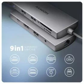   AXAGON HMC-8HLSA USB-C 3.2 Gen 1 3x USB-A + 4K/30Hz HDMI + SD/microSD GLAN Audio PD 100W hub