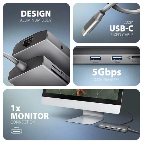 AXAGON HMC-8HLSA USB-C 3.2 Gen 1 3x USB-A + 4K/30Hz HDMI + SD/microSD GLAN Audio PD 100W hub