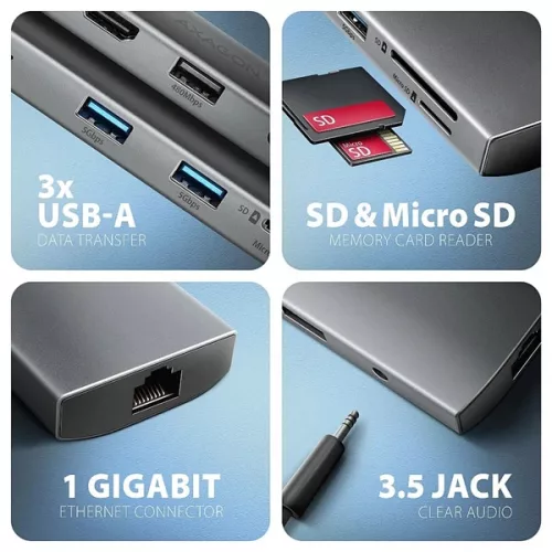 AXAGON HMC-8HLSA USB-C 3.2 Gen 1 3x USB-A + 4K/30Hz HDMI + SD/microSD GLAN Audio PD 100W hub