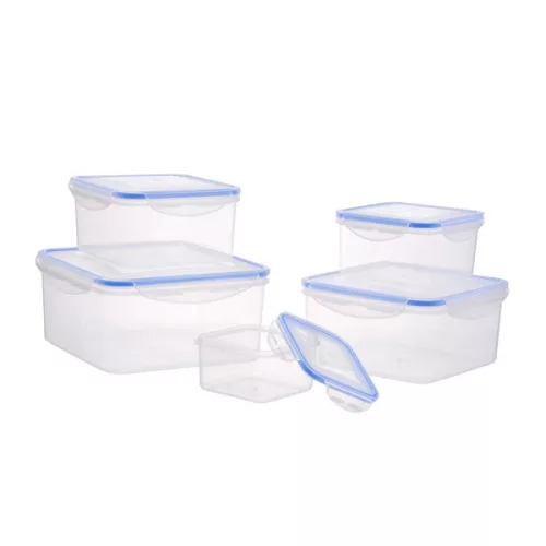 TOO KT-141 Set de 5 cutii pătrate pentru depozitarea alimentelor 400ml + 700ml + 1.200ml + 2.000ml + 3.000ml