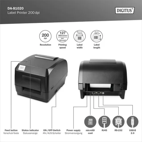 DIGITUS DA-81020 200dpi USB/RS232/LAN vonalkódnyomtató
