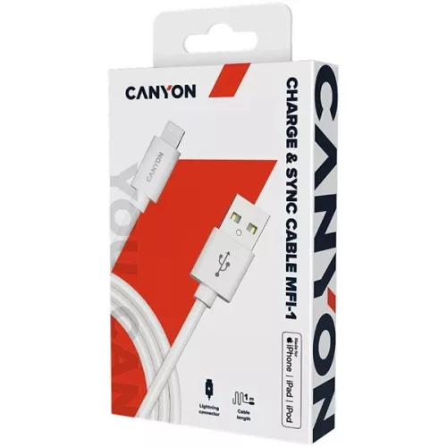 Dátový a nabíjací kábel Canyon CNS-MFICAB01W 1m USB - Lightning biely