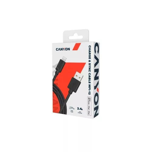 Dátový kábel Canyon MFI-12 Charge&Sync Lightning -> USB 2.0 A M/M, 2 m, čierny