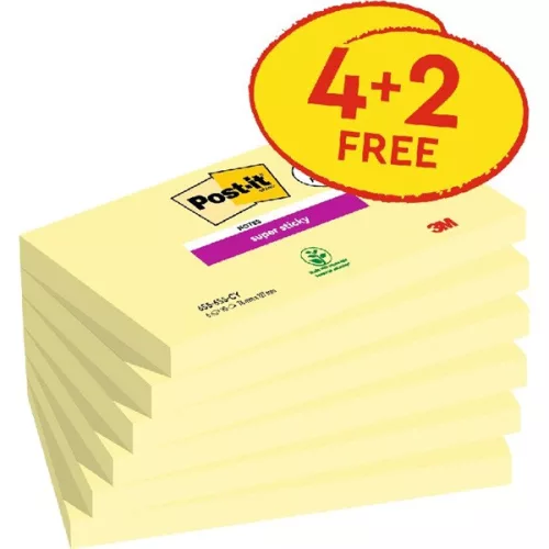 Post-it Super Sticky 655-SSCY 76x127mm 90lap 4+2 tömb kanárisárga öntap. jegyzettömb 100% PEFC, SGSCH-PEFC-COC-110078