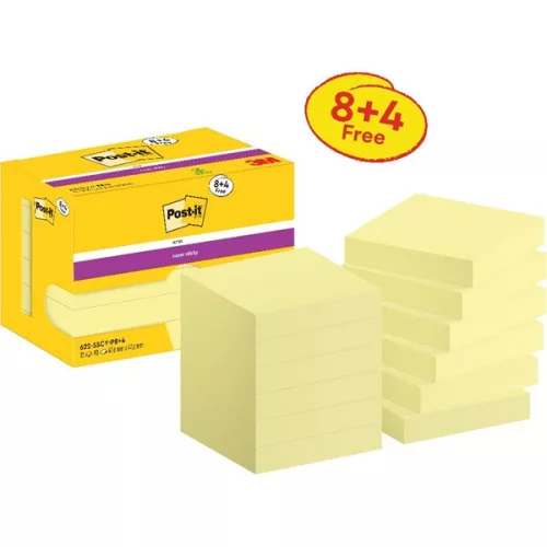 Post-it Super Sticky 622-SSCY 47,6 x 47,6 mm, 90 Blatt, 8+4 Blöcke, kanariengelb, selbstklebender Notizblock, 100 % PEFC, SGSCH-PEFC-COC-110078
